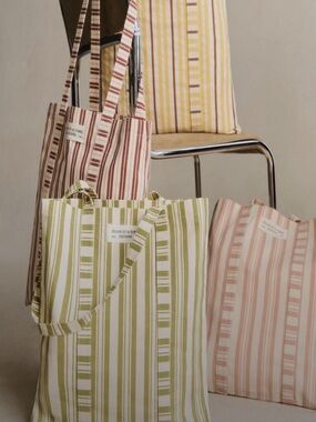 Sezane Striped Canvas Tote - Olive & Blush
